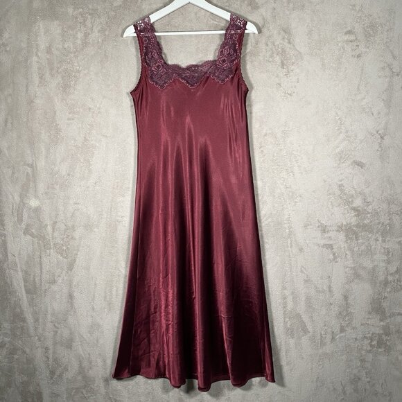 Vintage Christian Dior Satin & Lace Nightgown Size Small Maxi Slip Dress Maroon - Picture 3 of 14